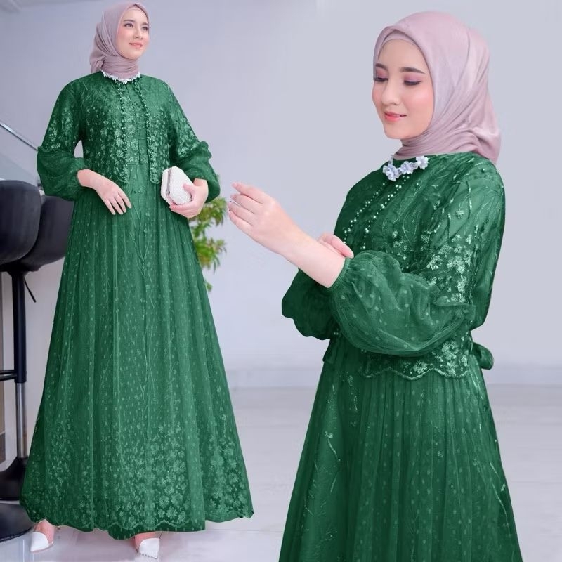 (NEW) FIKA DRESS - BAJU MAXY MAXI DRESS GAMIS BRUKAT BROKAT FULL PURING FURING TILE MUTIARA UNTUK PE