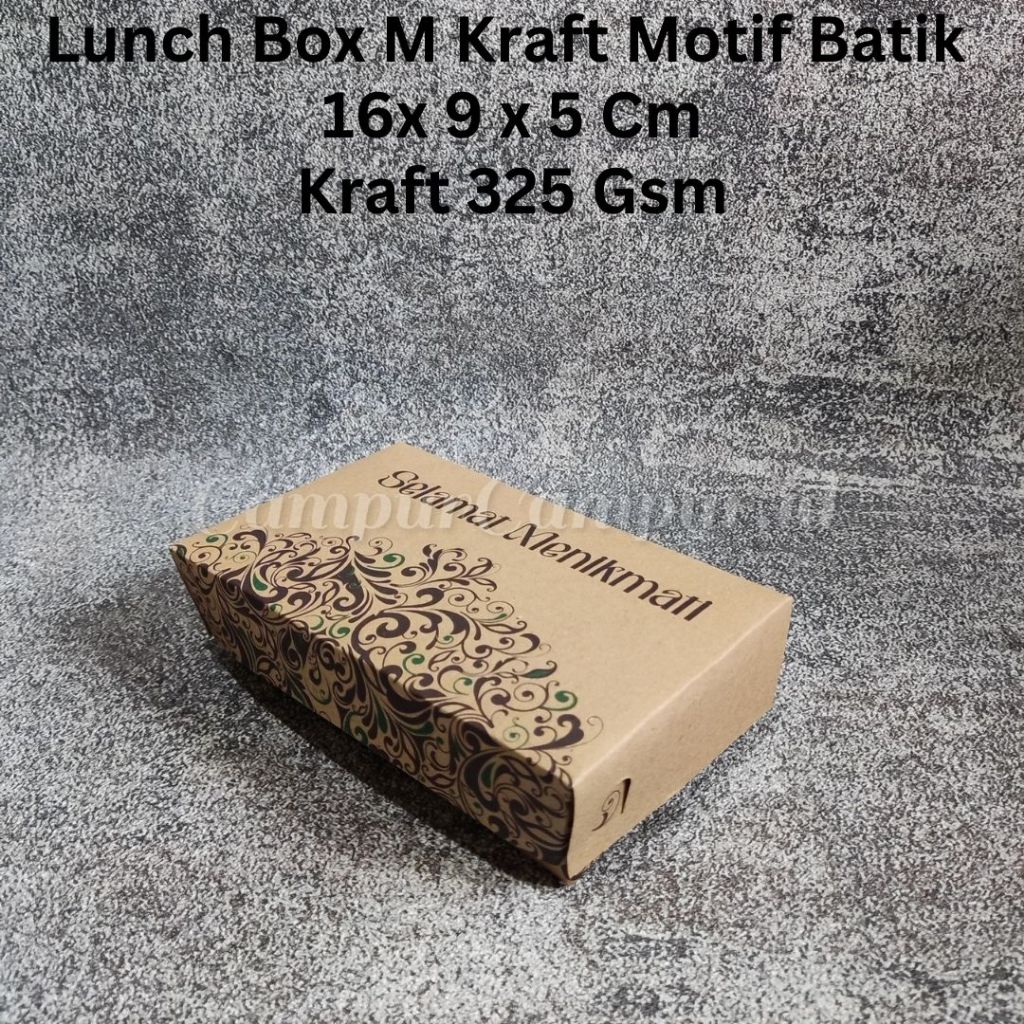 

Lunch Box M Paper Kraft Coklat Laminasi Motif Batik "Selamat Menikmati" 16x9x5 Packaging Makanan Kotak Nasi