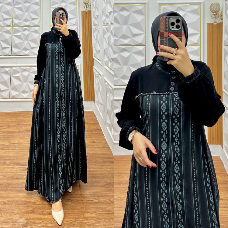 C004 Gamis Salur Premium / Gamis Kombinasi Salur / Gamis Terbaru Seragaman / Gamis Abaya Hitam Kombi