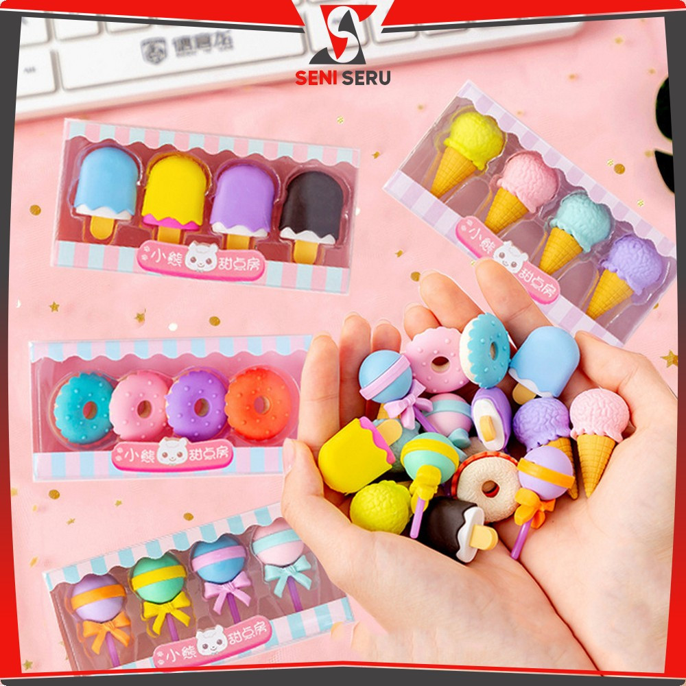 

Alat Tulis Penghapus Lucu Isi 4pcs Karakter Donat Eraser Ice Cream Penghapus Pensil Set 4IN1 Motif Lolipop Seni Seru A53