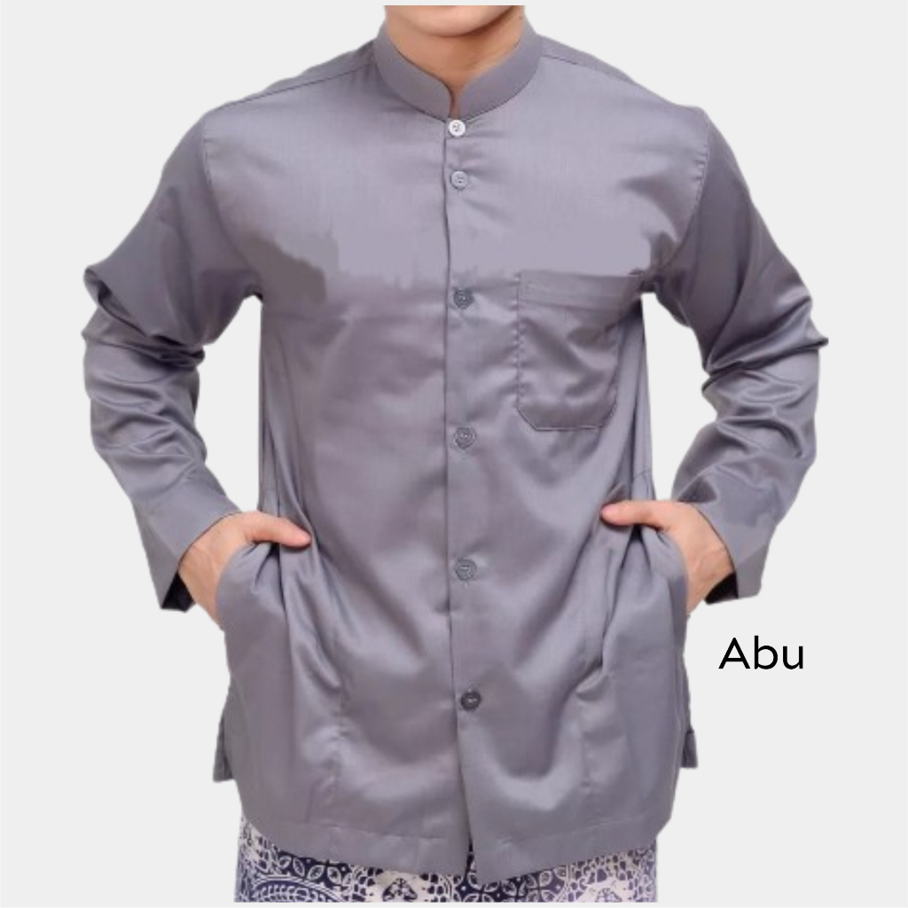 Koko Pria Lengan Panjang Polos Baju Muslim Sarimbit Keluarga Dewasa Warna Abu Grey Bahan Adem Kemko