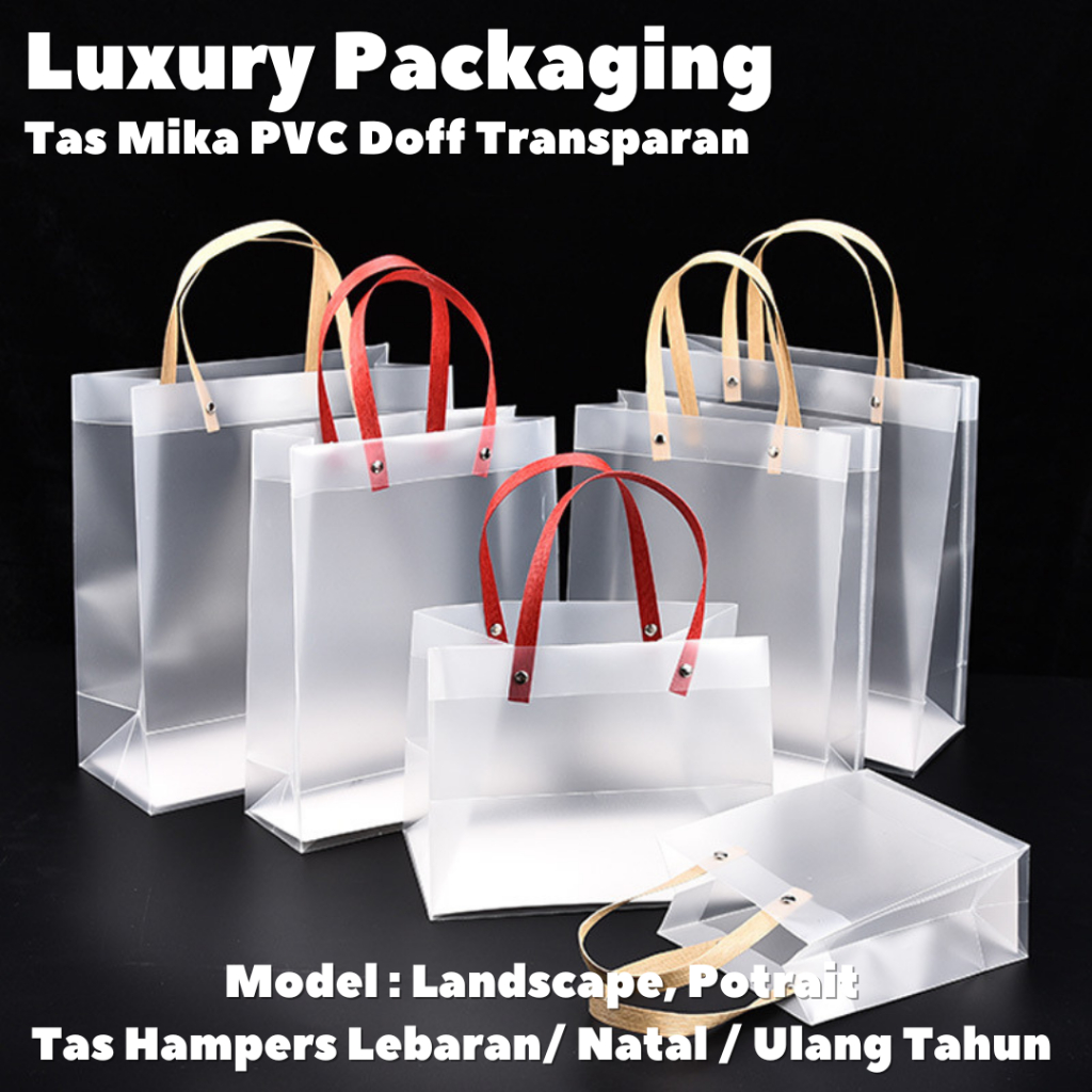 

Tas Mika PVC Doff Transparan Gagang Gepeng / Tas Souvenir Goodie Bag Lebaran Natal Imlek Wedding Gagang Coklat / Merah (Min 3pcs)