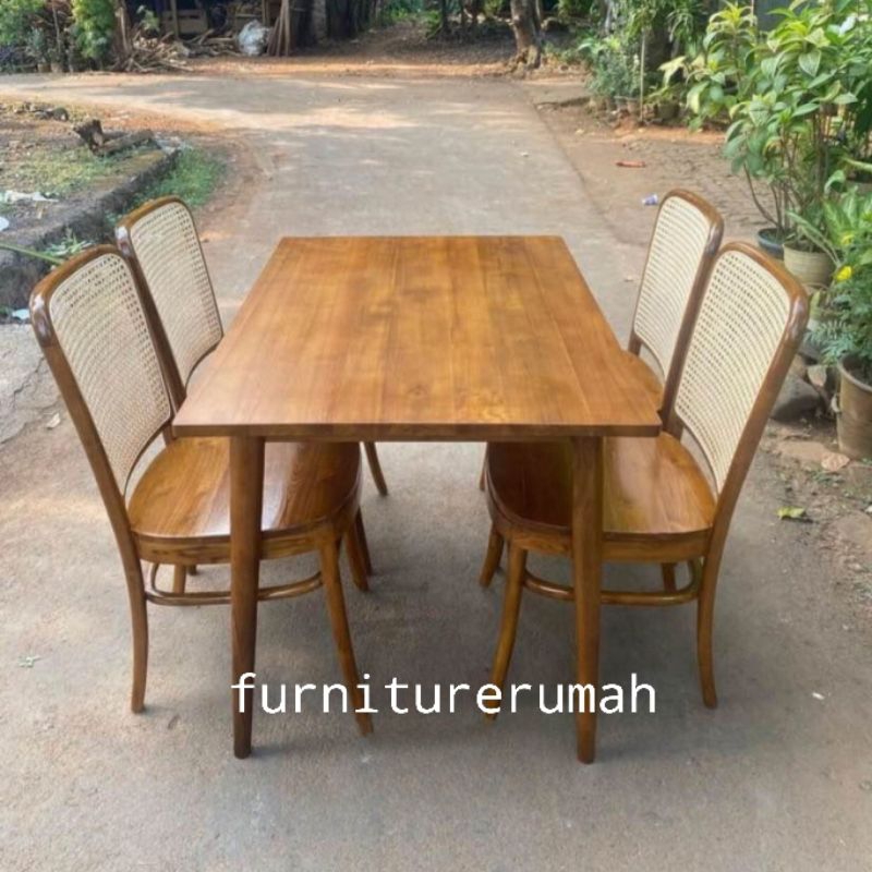 meja Makan Minimalis 4 Kursi Rotan Kayu Jati, Set Meja Makan Jati Rotan 4 Kursi Minimalis