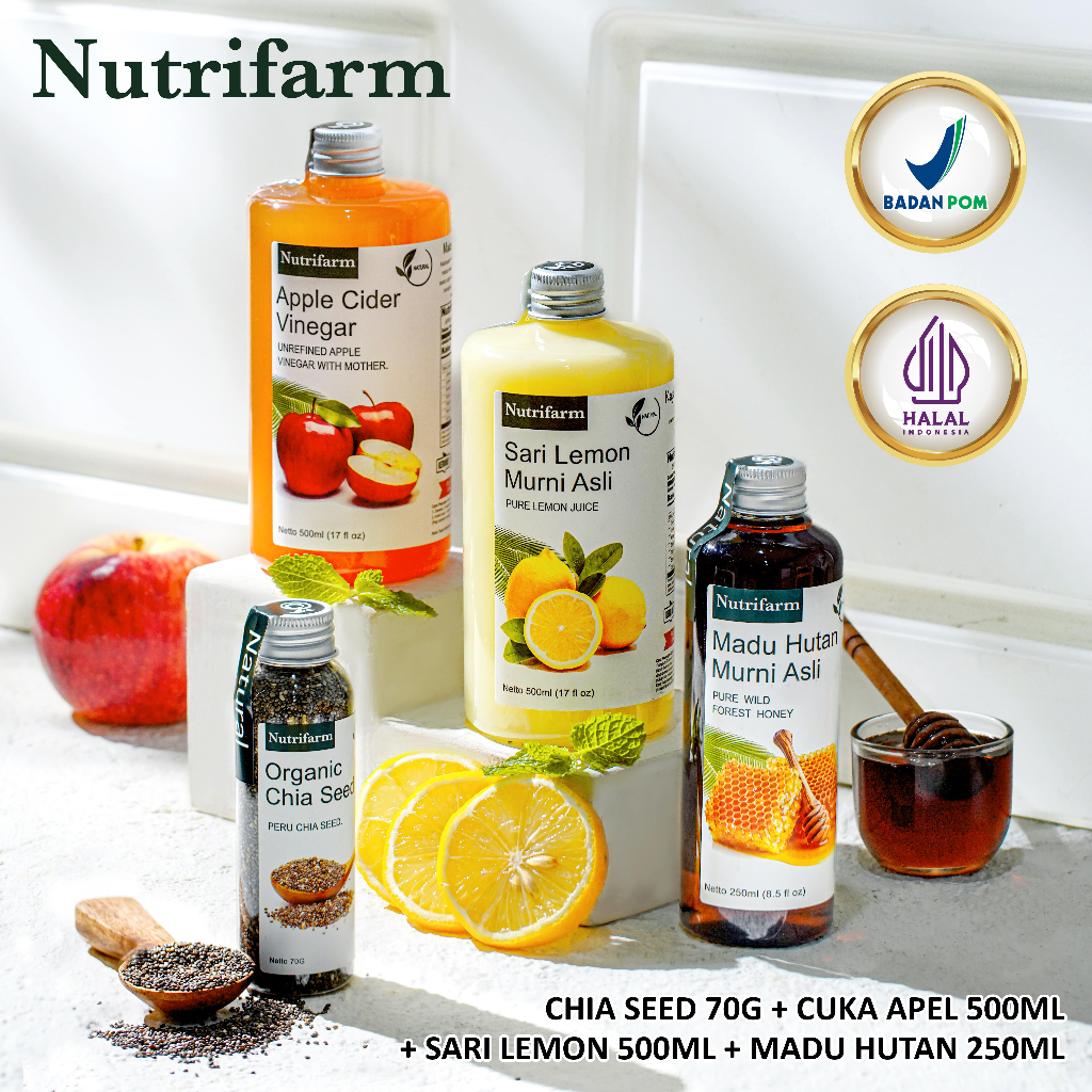 

Paket Fit Nutrifarm 4 In 1 Cuka Apel Lemon Madu Hutan Chia Seed Original / Cuka Apel 500 ml Lemon 500 ml Madu Hutan 250 ml Chia Seed 70 g Paket Promo 4In1