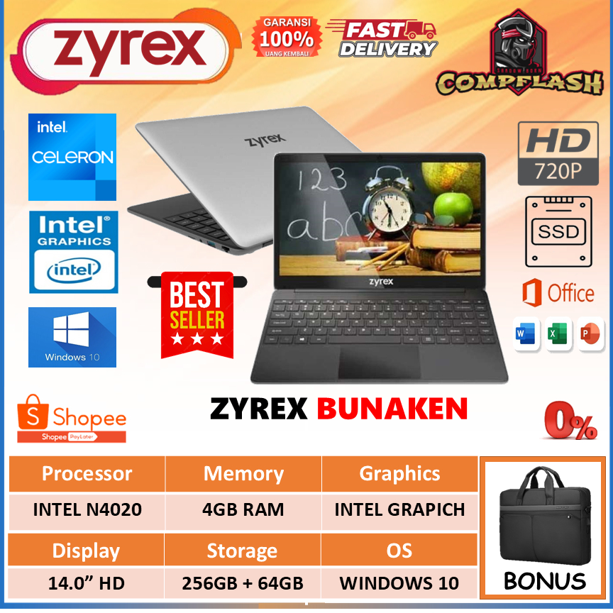 LAPTOP ZYREX BUNAKEN N4020 RAM 4GB 256GB+64GB SSD WINDOWS10 14.0 HD