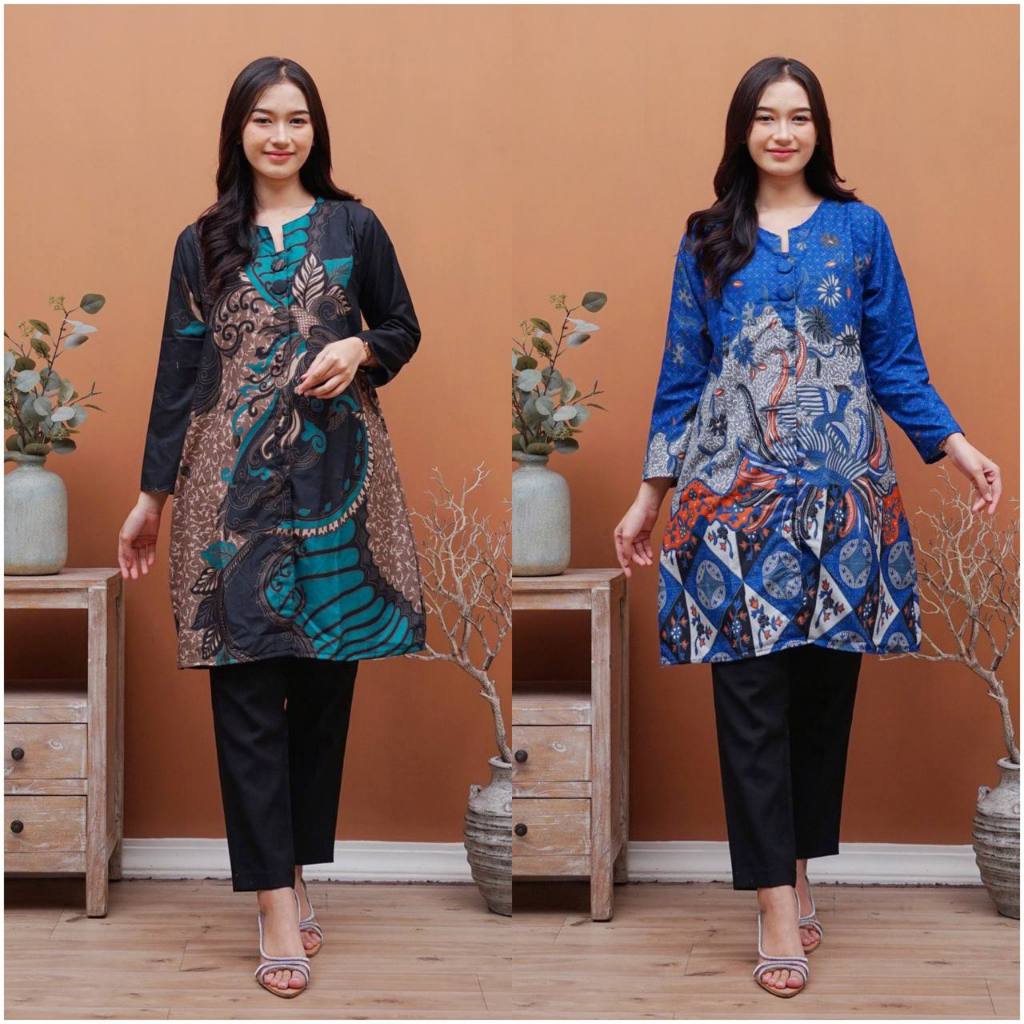 BAJU ATASAN BATIK WANITA - TUNIK BATIK WANITA MODERN - BATIK KANTOR - BATIK KEKINIAN - TUNIK KANCING