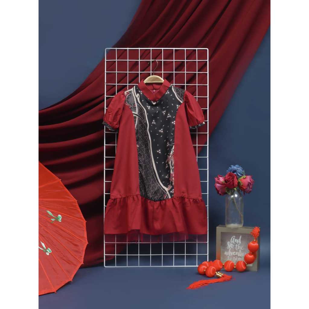 RB Set Sarimbit Batik Keluarga BATIK HITAM MAROON Family Batik Imlek Set Keluarga