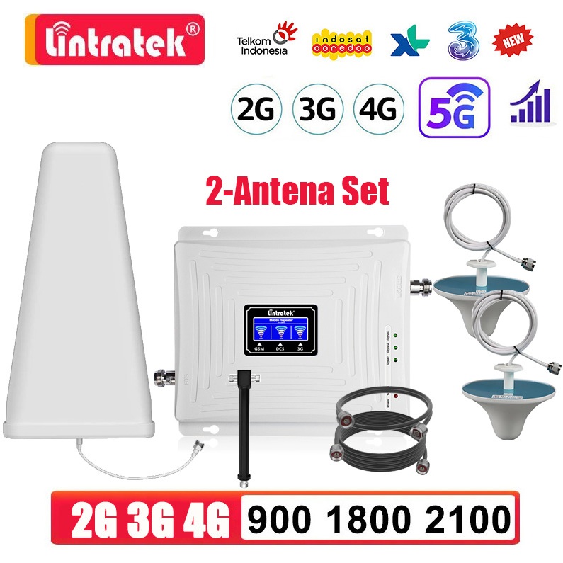 2 Antena Lintratek AGC Tri Band Repeater 2G 3G 4G Modem Penguat Sinyal 900 1800 2100MHZ Penguat Siny