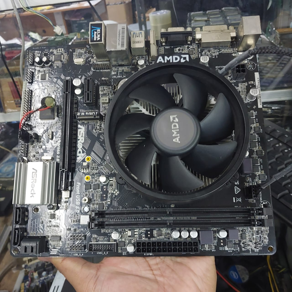 mainboard amd AM4 A320M-HDV ASROCK murah motherboard am4 onboard HDMI USB 3.0 + Ryzen 3 2200G + Fan 