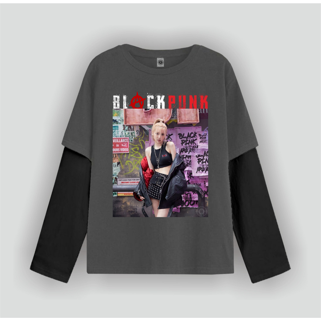 Nouths Tshirt Double layer Blackpunk Rose blackpink long sleeve  band kaos pria wanita