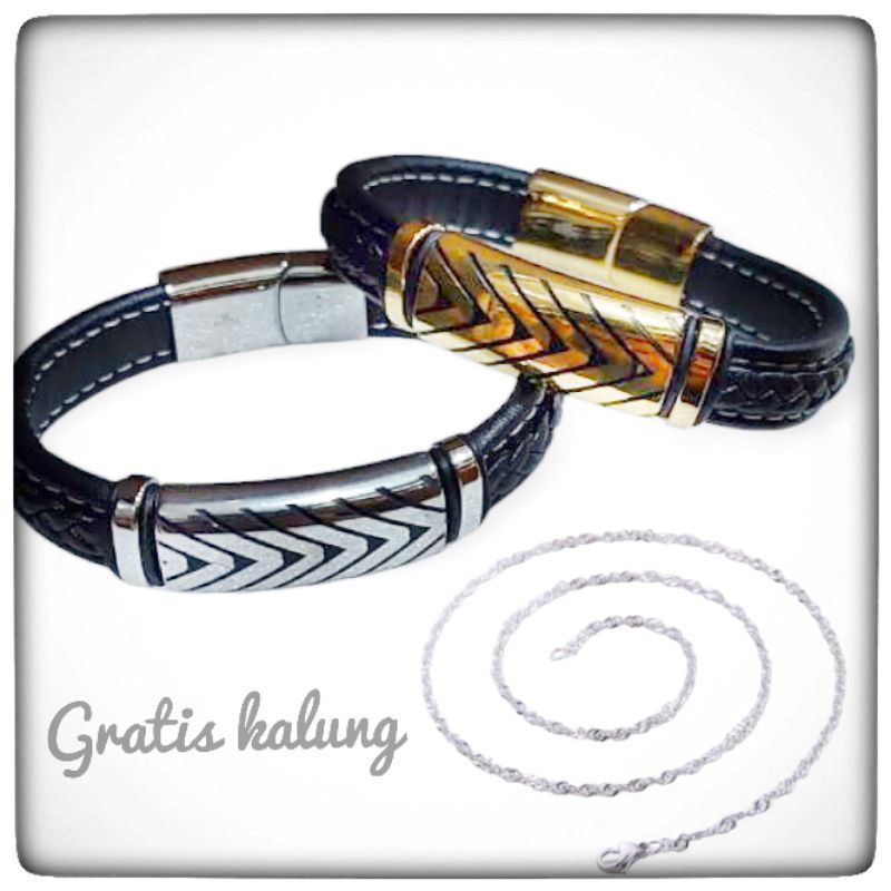 Gelang Kulit Cowok Keren Pria Bisnis / Gelang Kulit Stainless Steel