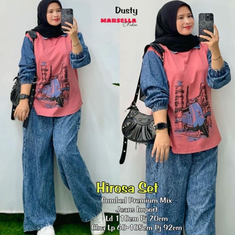 Hirosa set by MARSELLA pakaian setelan wanita bahan combed premium mix jeans import LD 110 cm