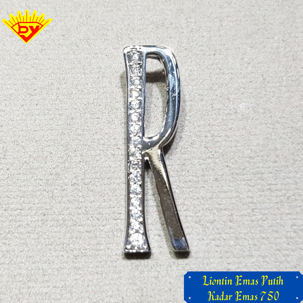Liontin Huruf R Emas Putih Permata Zirconia Baru Kadar Emas 750
