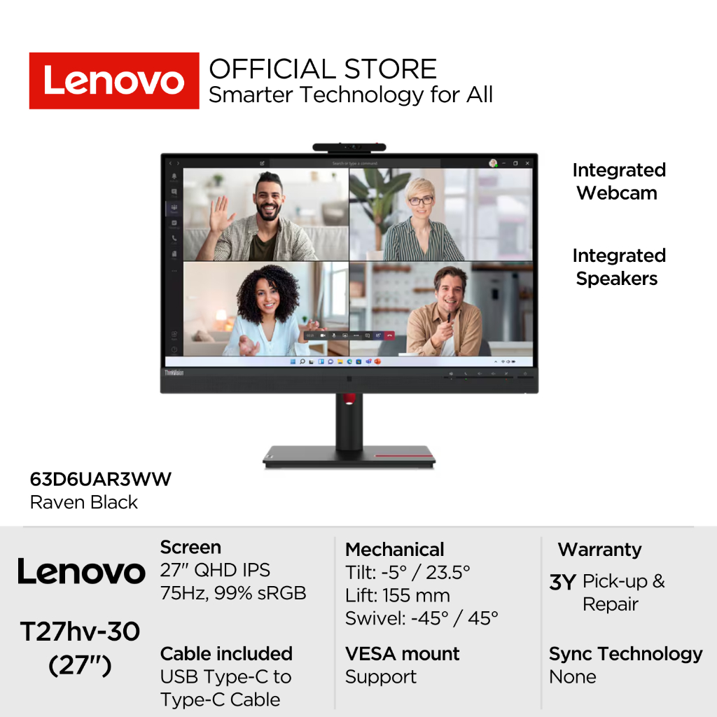 Lenovo Monitor ThinkVision T27hv-30 63D6UAR3WW Black 27" QHD IPS 300nits 75Hz 99% sRGB Antiglare Nea