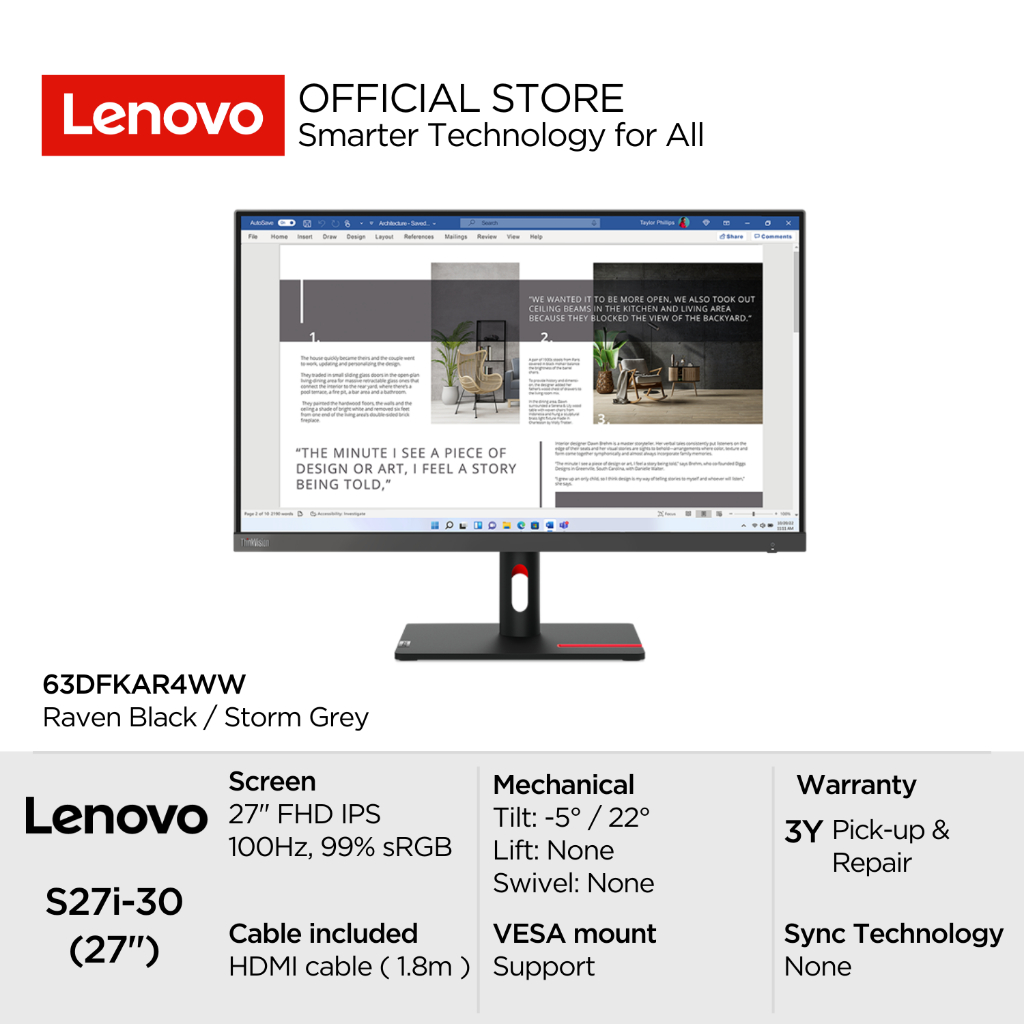Lenovo Monitor ThinkVision S27i-30 63DFKAR4WW Raven Black 27" FHD IPS 300nits 100Hz 99% sRGB Antigla