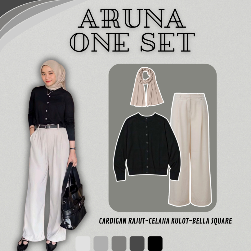 One Set 3 In 1 Aruna Remaja Terbaru (Cardigan Rajut, Celana Kulot Dan Hijab Bella Square) Inspo OOTD