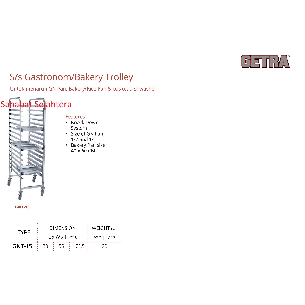 GETRA Stainless Steel Trolley Food Pan GNT-15