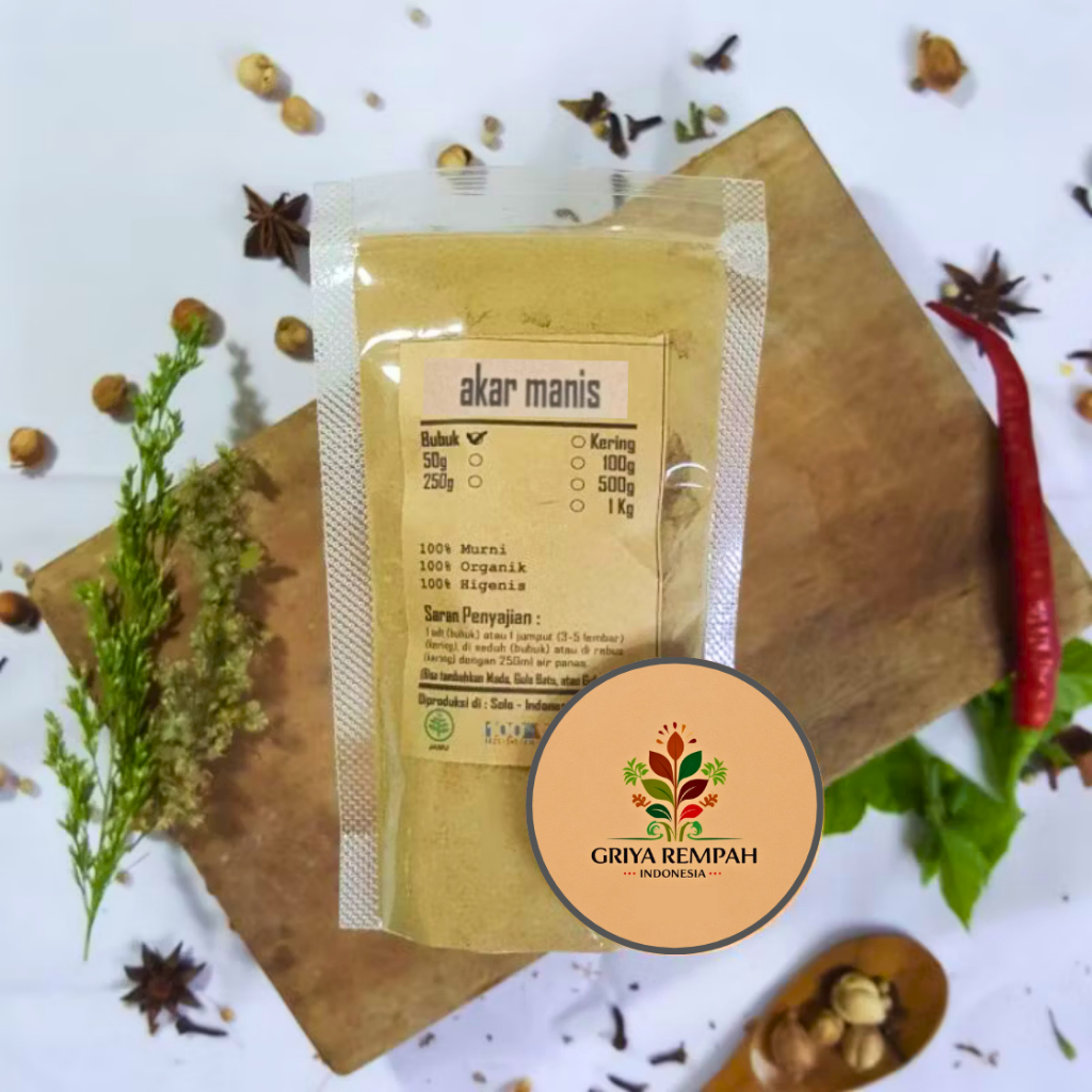

AKAR MANIS BUBUK 500 GRAM 100% Murni – Kayu Legi Ramuan Rempah Herbal Kering Solusi Herbal untuk Imunitas & Pencernaan Sehat Simplisia Glycyrrhiza glabra