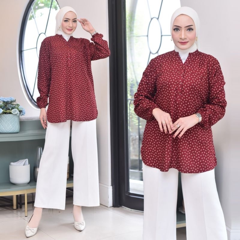 Blouse Katun Rayon Blus Motif Bunga-bunga No.8 Baju JUMBO Lengan Panjang Atasan Wanita Kekinian Keme