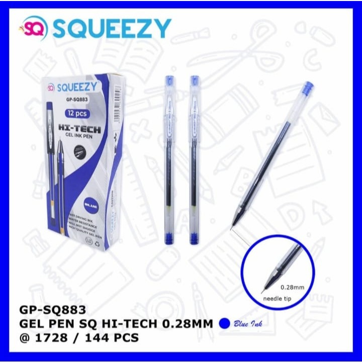 

(1 pak) pulpen hi tech 0.28 Merek Squeezy GP SQ883 Setara Hi tech Kenko dan Pilot Warna Biru