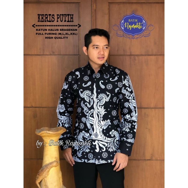 Kemeja Batik Pria Lengan Panjang Motif Keris Putih Original Rajasakti Batik