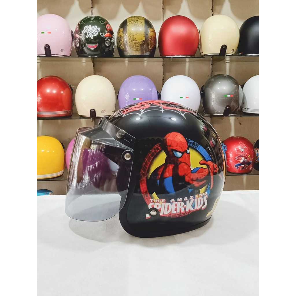 Aizo Helm Bogo Anak Karakter Spiderman Hitam Glossy Standar Keamanan SNI COD PackingKardusBubbleWrap