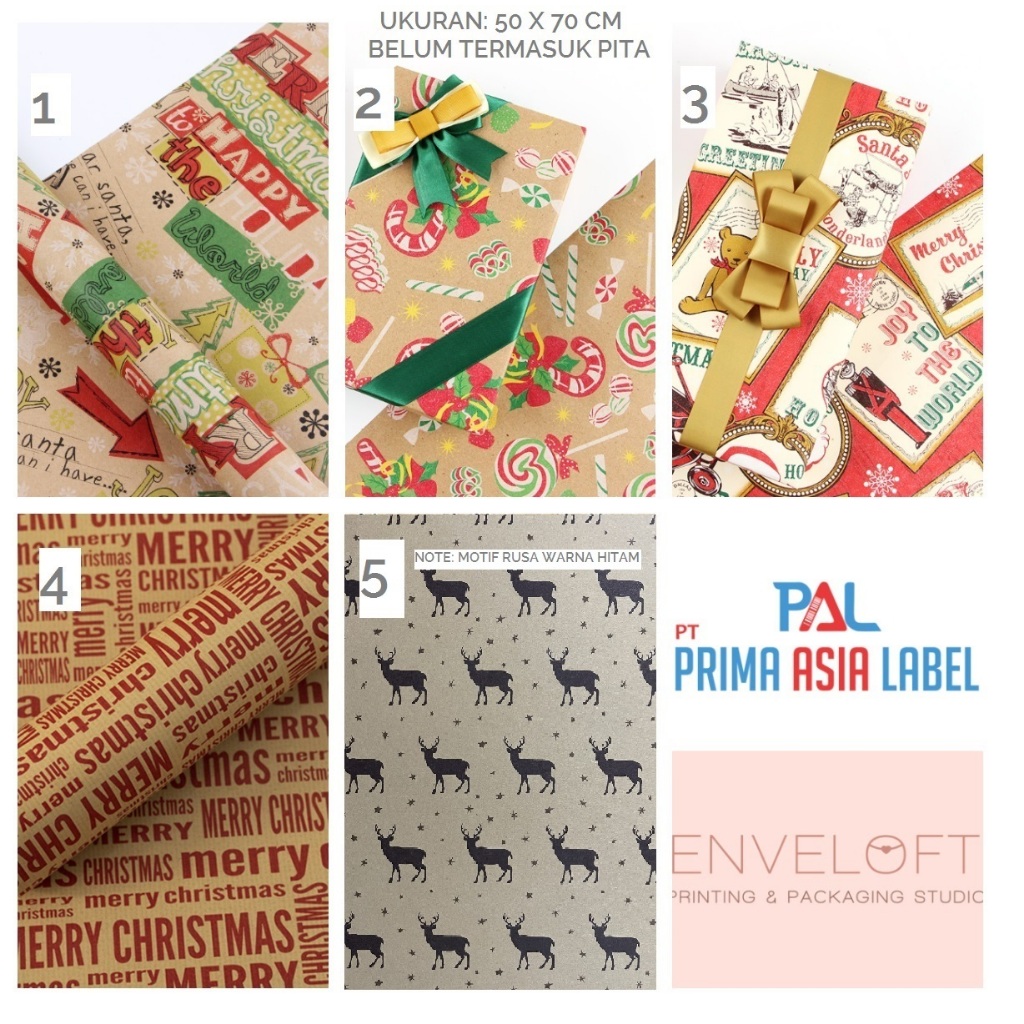 

Kertas Kado Natal Merry Christmas Wrapping Paper Kraft Merah Teddy Bear Rusa Deer Santa Claus Candy Cane