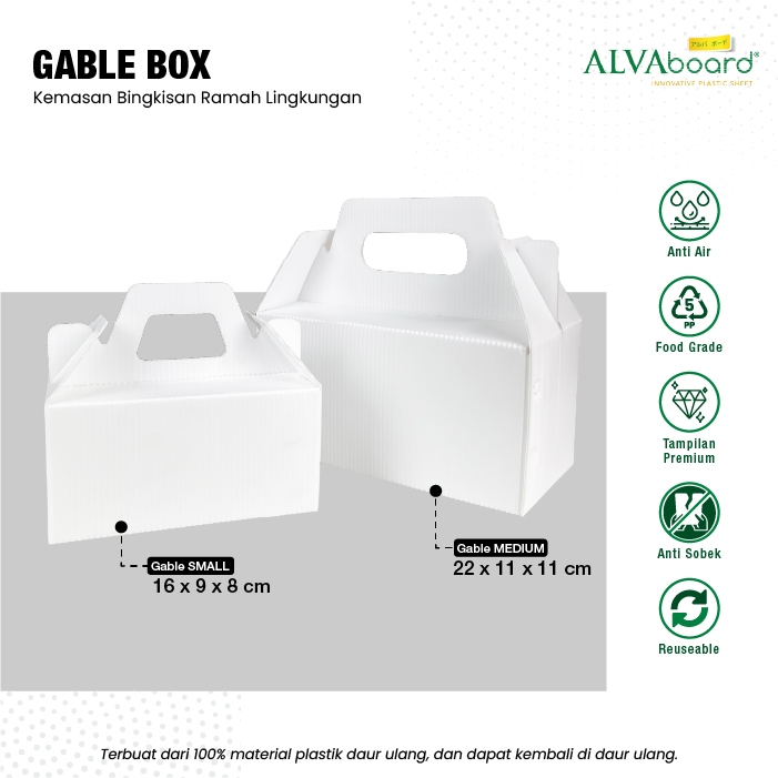 

Kardus Gable Box ALVAboard Kotak Tempat Makanan Food Grade Ukuran 16x9x8 cm (P x L x T)