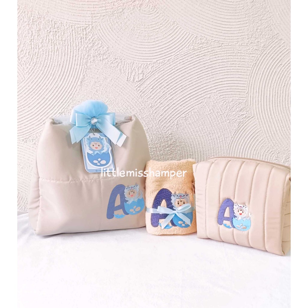 

Paket Tas Puffy isi pouch Puff dan handuk bordir Tile pita baby one month hardtag milk bun bag