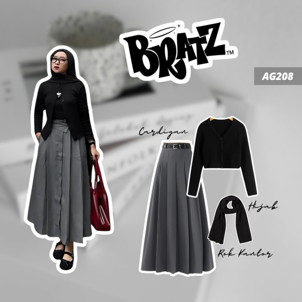 3in1 OOTD Korean Style Wanita Kekinian OOTD Cewek Mamba Cardigan + Rok + Hijab Outfit Mamba Kece OOT