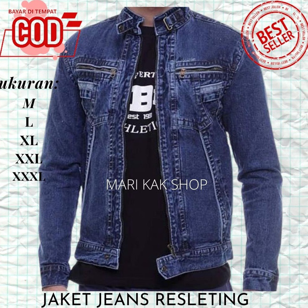 KODE E52J JAKET JEANS PRIA RESLETING JUMBO JAKET JEANS ZIPPER JACKET DENIM PRIA BIOWASH BIRU KEREN