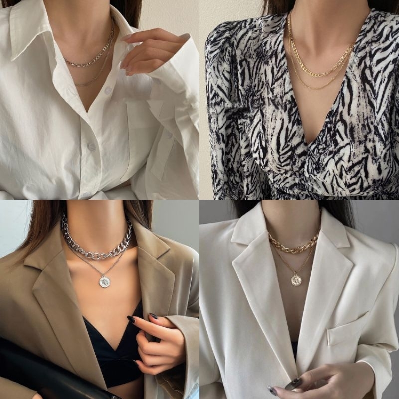 Kalung Wanita Doubel Layer Liontin Koin Elizabeth Rantai Chain