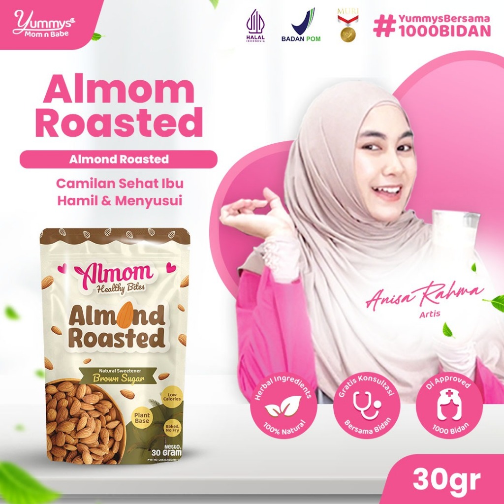 Almom Roasted - Kacang Almond Panggang Sehat 30gr | Camilan Ringan untuk Bumil & Busui, Bantu Stimul