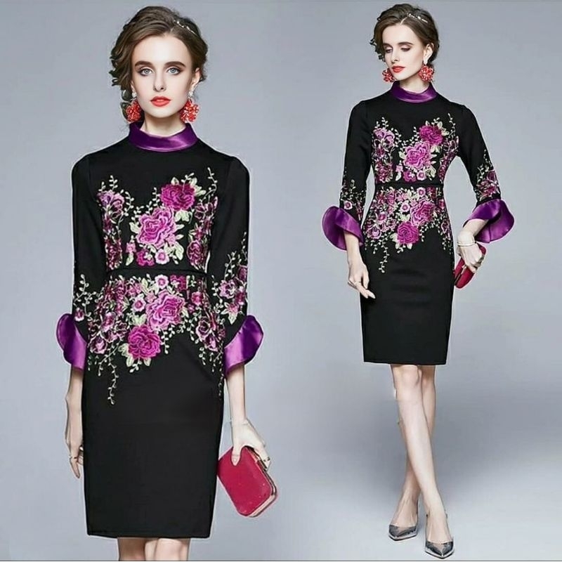 midi dress sleeve floral flower bordir embroidery orang tua premium europe paris dress gaun pesta we