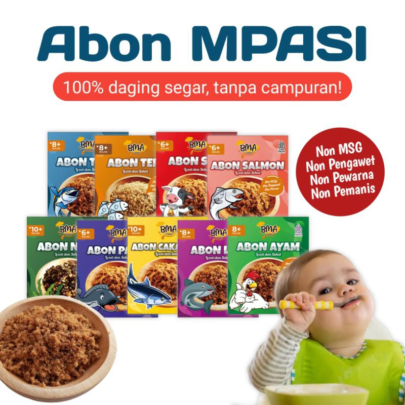 

Abon MPASI Abon BMA BB Booster Bayi NON MSG Abon Bayi Anak 6+ 8+ Ayam Sapi Tuna Lele Teri Babyteri Anti GTM