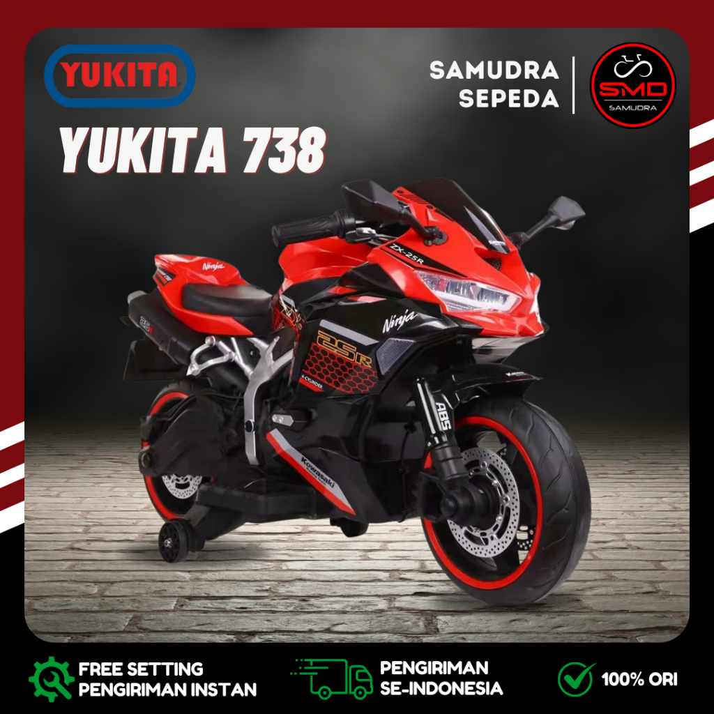 Motor Aki Mainan Anak Cas NINJA ZX250 Merk Yukita Gas Tangan Ban Karet 12V Murah BDG