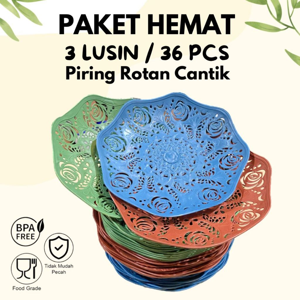 PAKET HEMAT 3 LUSIN 36 PCS PIRING ROTAN BUNGA CANTIK S WARNA Biru  Hijau Buah Plastik Kitchenware Ki