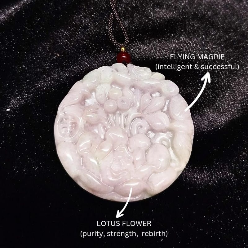 LOTUS & BIRD CARVING PREMIUM BIG PENDANT BURMA JADE ORI GRADE A | Liontin ukiran bunga besar, giok b