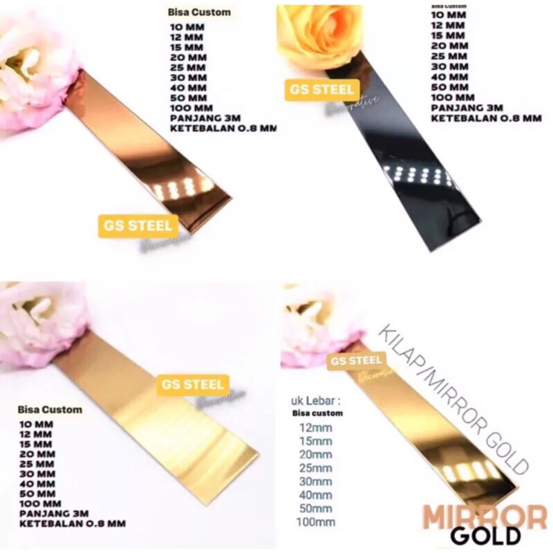 LIST PLAT STRIP MIRROR GOLD ROSE GOLD BLACK MIRROR GOLD HAIRLINE MIRROR SILVER STAINLESS STEEL