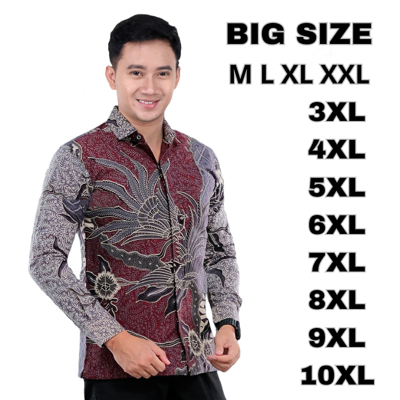 ALFI GALERI Kemeja Batik Jumbo Lengan Panjang Warna Merah Burgundy Atasan Batik Pria Big Size Seraga