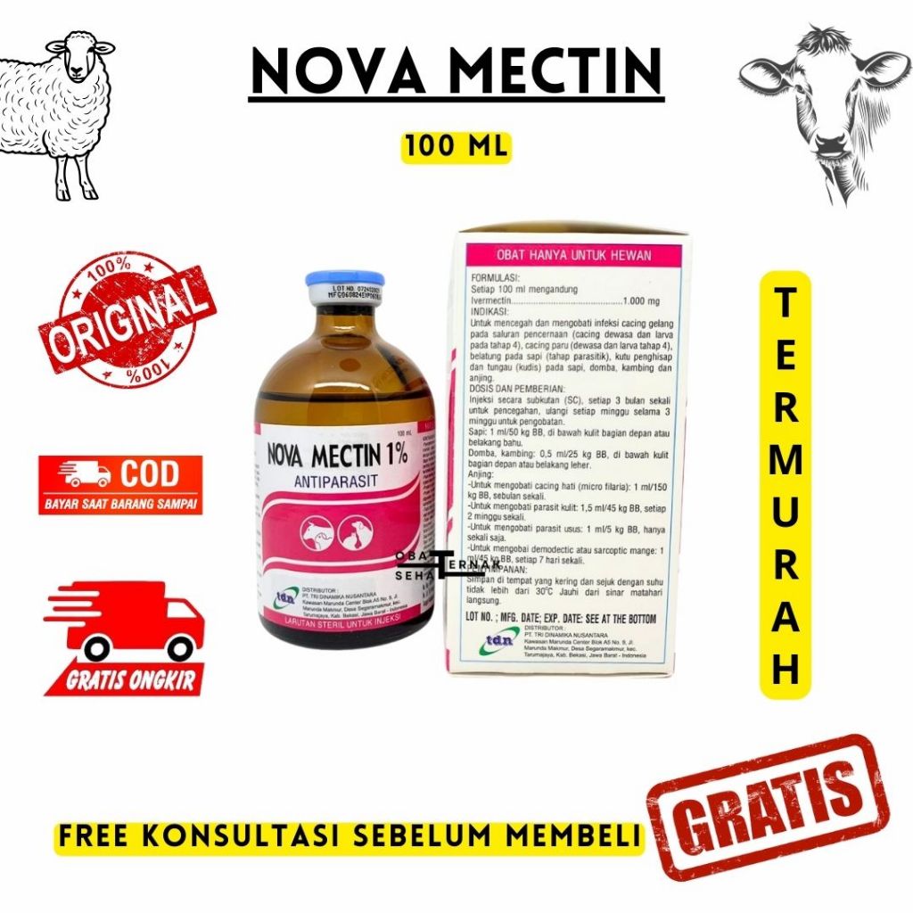 NOVA MECTIN 100ml - Obat Anti Parasit Cacing Gudik Kutu Caplak untuk Sapi Kambing Domba dan Anjing