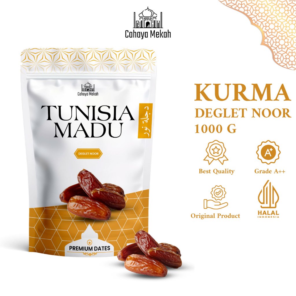 

Cahaya Mekah Kurma Tunisia Deglet Noor Pouch 1kg Kurma Madu Kualitas Premium Original High Quality