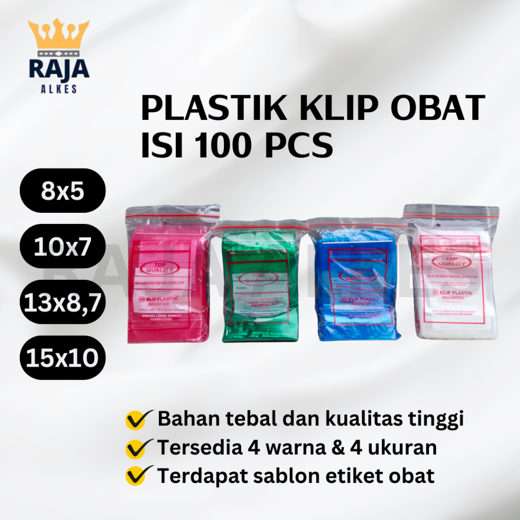 Plastik Obat 8x5/10x7/13x8,7/15x10 Plastik Klip Obat Warna Biru, Bening, Hijau & Warna Merah Isi 100