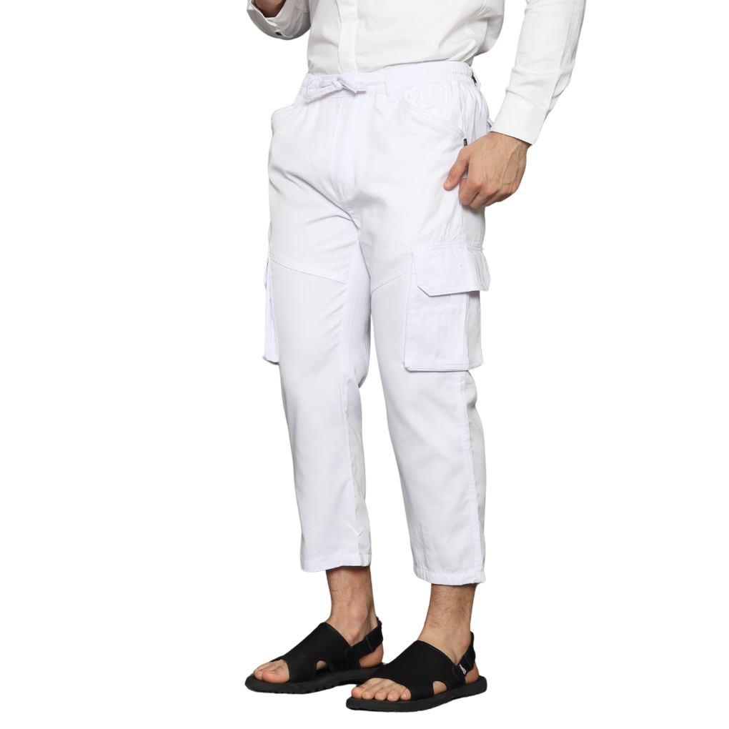 Celana Sirwal Pria Cargo Muslim Putih Panjang dengan 6 Kantong Praktis