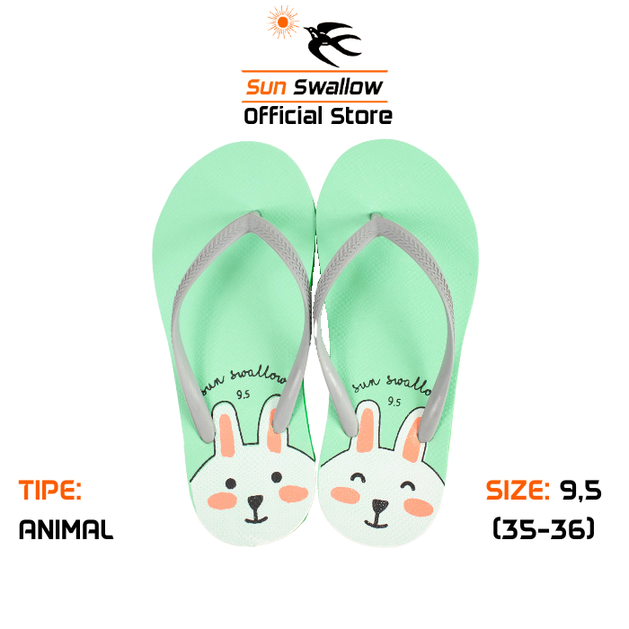 Sun Swallow Sandal Jepit Karet Wanita Sendal Animal Hijau Muda Size Ukuran 9,5 | 35 - 36