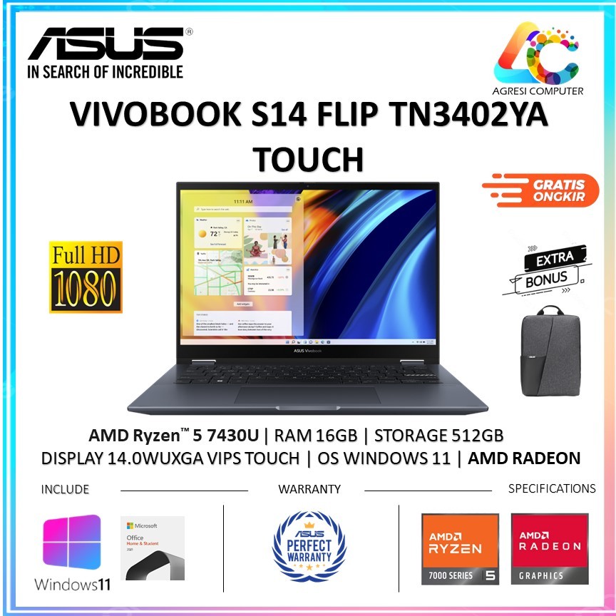 Asus Vivobook S14 Flip TN3402YA Touch AMD Ryzen 5-7430U RAM 16GB 512GB SSD WIN 11 14.0" WUXGA IPS