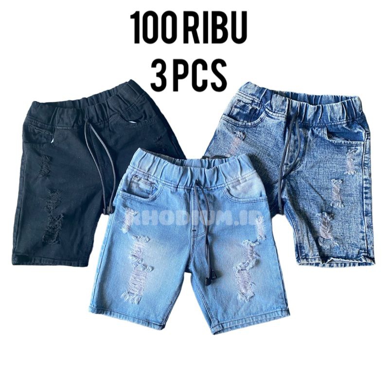 Rhodium 3 pcs celana jeans pendek sobek anak laki laki 1-12 tahun matt jeans 10 oz