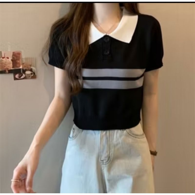 Atasan rajut wanita kerah polo /crop top lengan pendek /baju vintage kerah polo crop