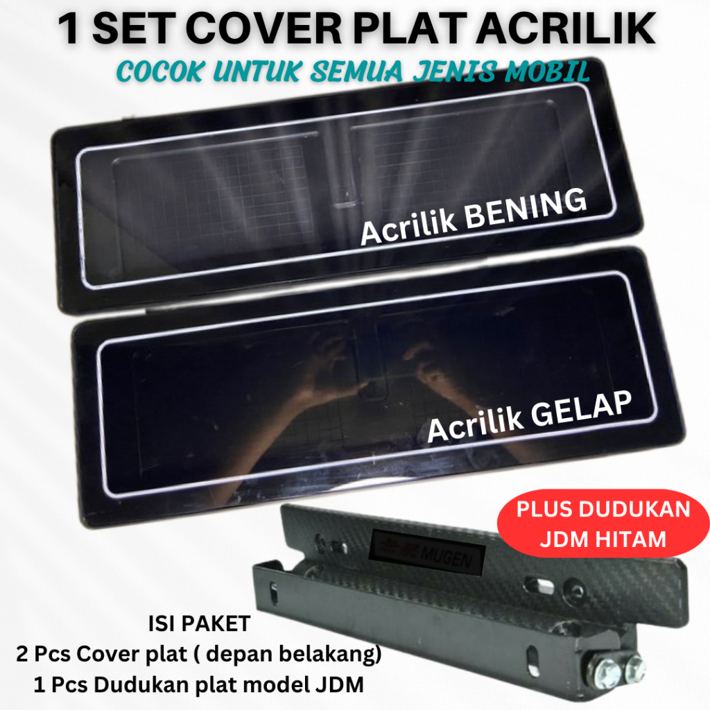 Cover plat mobil tatakan plat mobil acrilik hitam gelap riben plus dudukan JDM