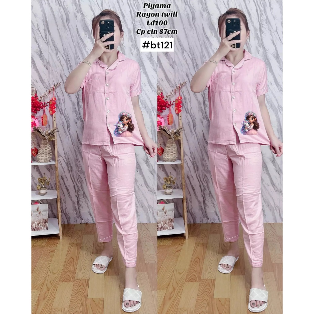 Setelan Piyama Wanita / PIyama Celana Panjang Rayon Twill / Motif kudaponi
